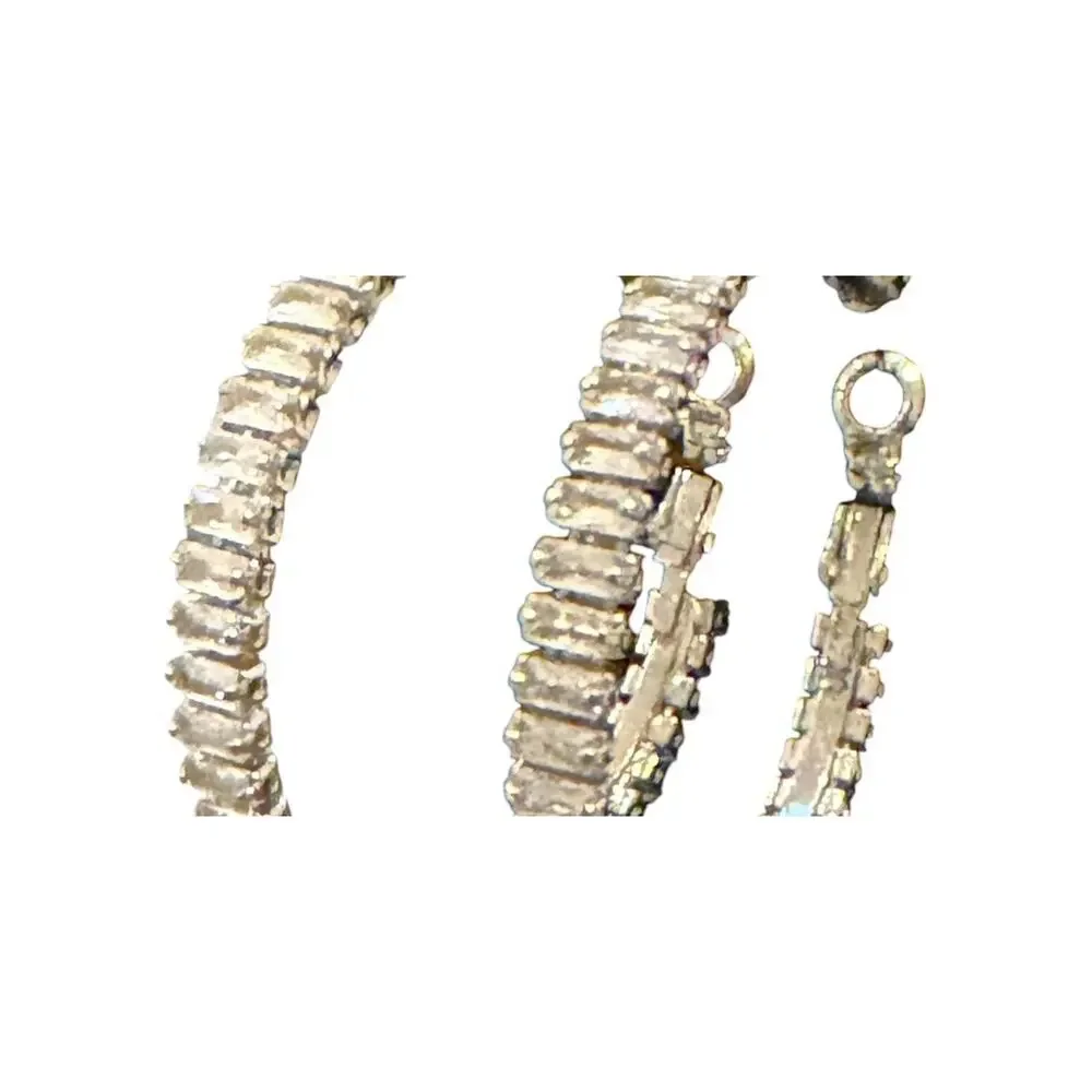 Vintage Silver Tone Baguette Rhinestone Hoop Earrings 1.75” Prong Set Statement